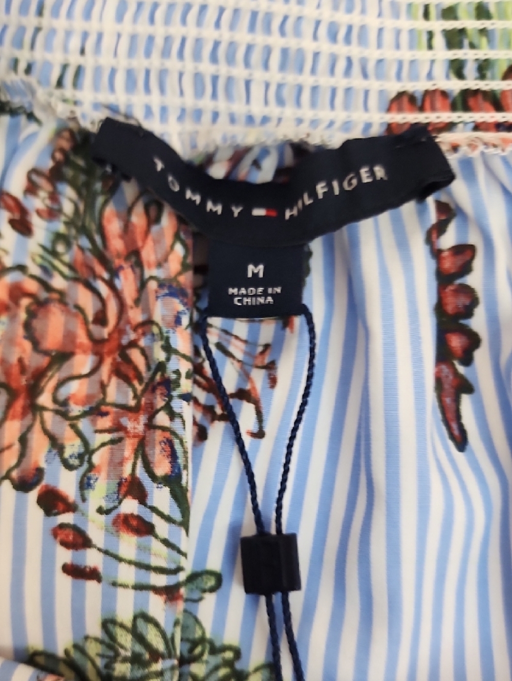 Tommy Hilfiger Off Shoulder Blouse Blue Stripe Floral Long Sleeve Size Medium - Picture 9 of 12